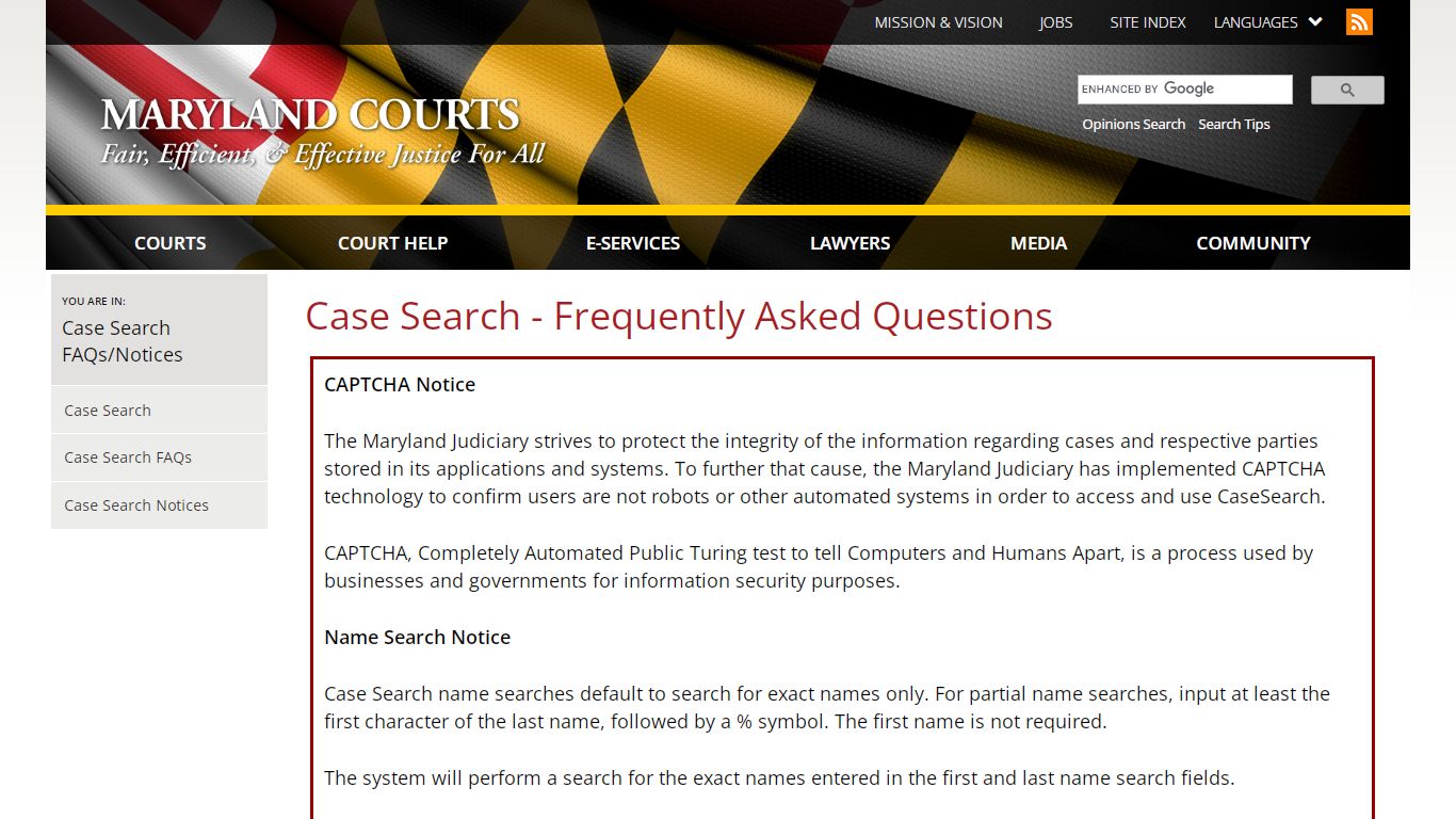 Case Search - Frequently Asked Questions | Maryland Courts