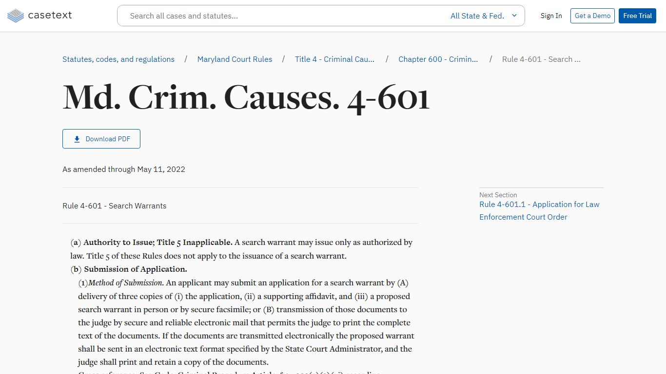 Search Warrants, Md. Crim. Causes. 4-601 - Casetext
